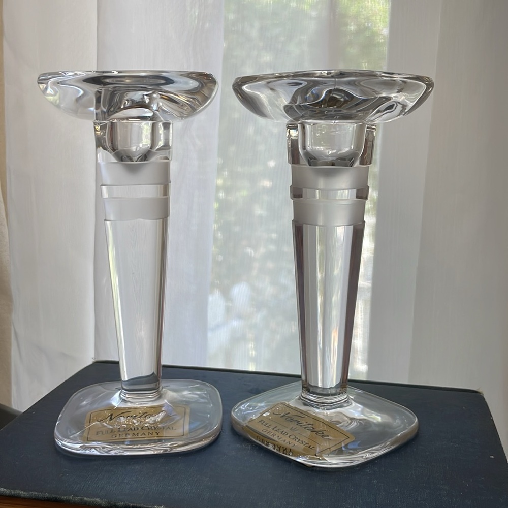 NWT Pair Noritake Etched Crystal Candlesticks 5.5”‎ Meridian Made in Germany
